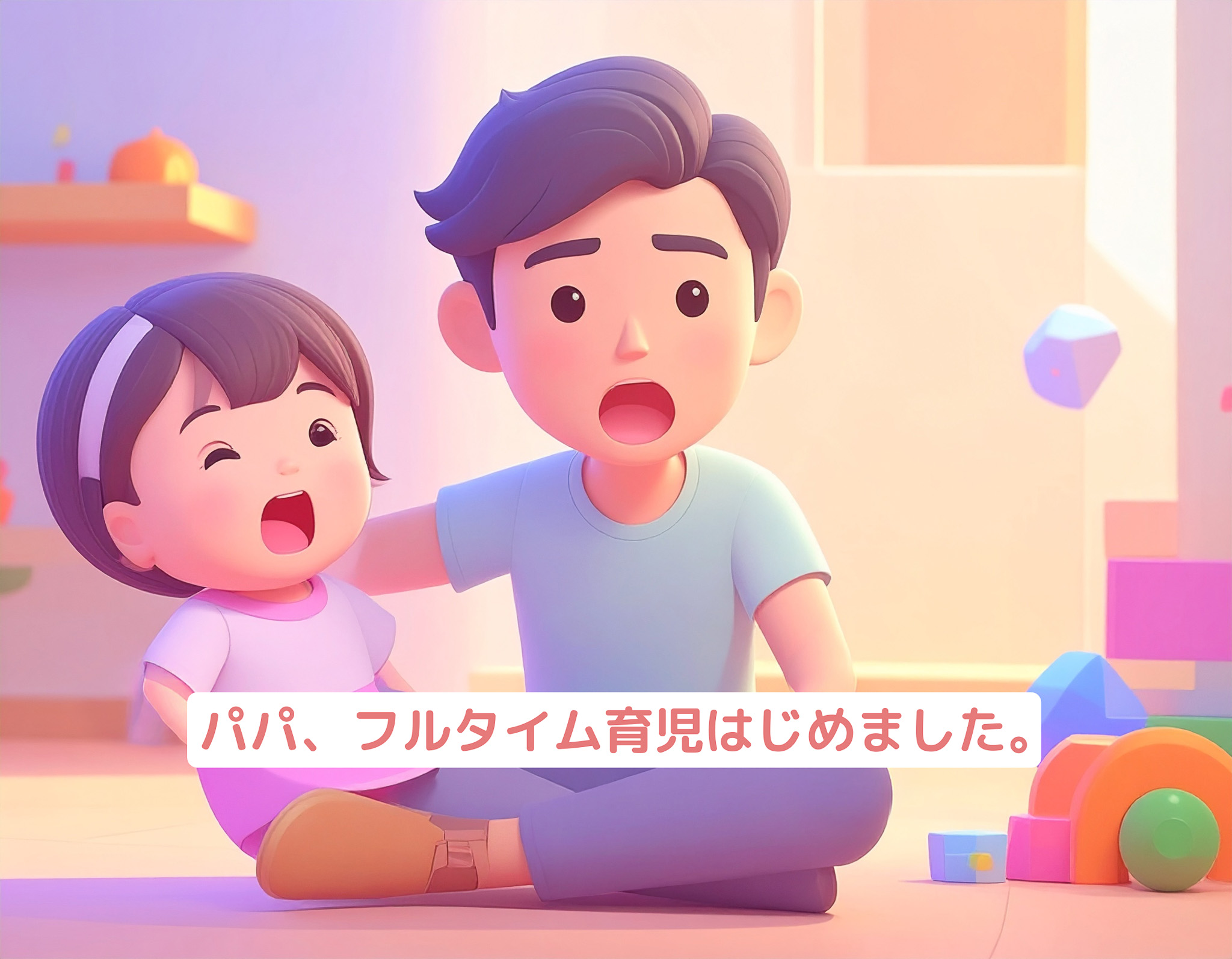 泣いている娘と育児に奮闘するパパ